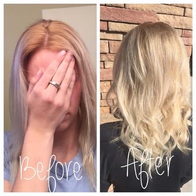 Color correction done! Started with gold roots & fixed them to be a beautiful, ash blonde