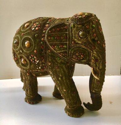 Vintage elephant sculpture with metal and stones