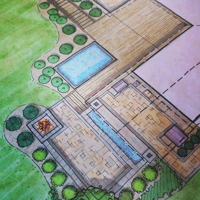 Illustration of the landscape, outdoor living and lap pool in Knoxville TN.