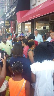 Here he comes. Bill de Blasio at Strandz Hair Parlor