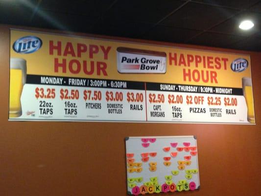 Happy hour and Happiest hour specials.