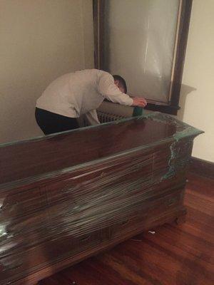 Every piece of furniture gets wrapped before it is moved out of the house for furniture safety.