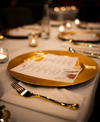 Dinner party place setting with catering by NYC private chef Leonardo Calle