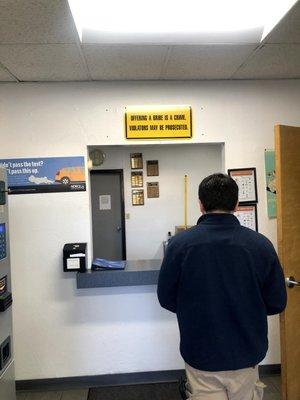 We entered the building but no one was available. We quickly learned that you simply pull into the line for the smog test.