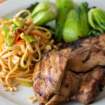 Thai Noodle Salad with Peanut Sauce, Asian Marinated Chicken, Bok Choy