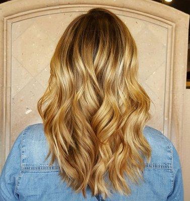 Golden Balayage with a shadowed root.