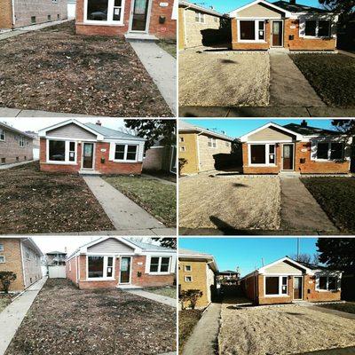 Here is a before and after of a small retaining wall, stump grinding, grading, and seeding we did in January of 2017.