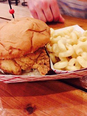 Fried chicken sandwich with a side of mac