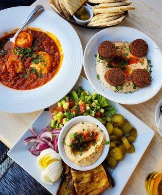 Hummus and Shakshuka and Mediterranean plate