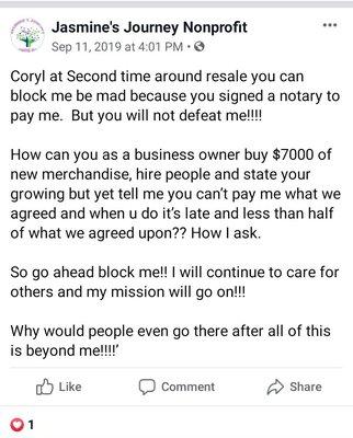 Non Profit and business owner not paid by Coryl McGurren for the sale of their shop.