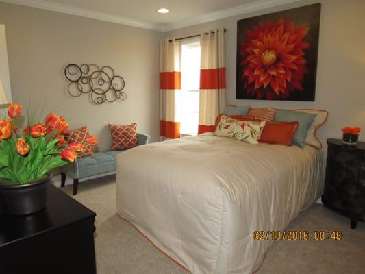 Custom made panels, bedding, and pillows for Ryland model home designed by Joy Fahringer