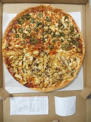 One large thin pizza with jalapeno, chicken, mushrooms, and pineapple toppings ($11.00, $12.02 after tax)