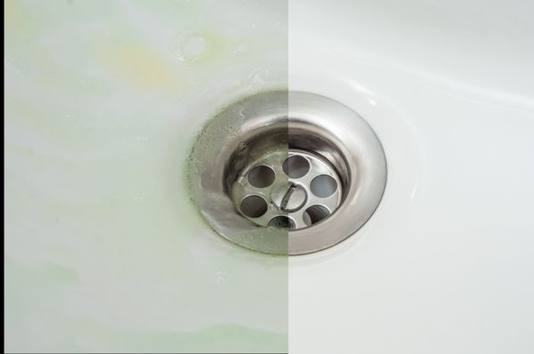 Before and after of a dirty kitchen sink