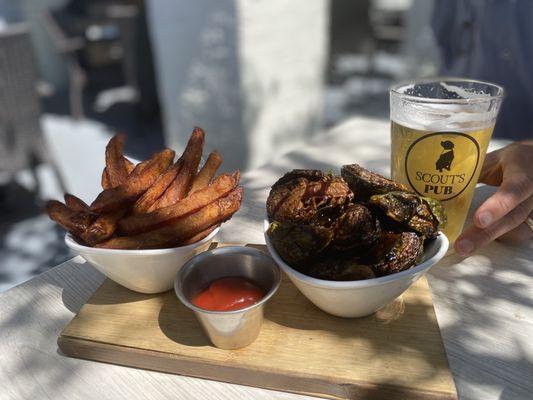 Time for happy hour? Pub fries and Brussels sprouts with a cold draft!