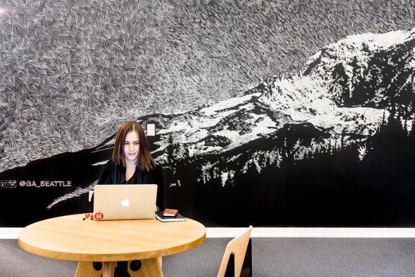 Our campus walls are adorned with chalk art that reflects regional inspiration and a sense of place. Check out Mt. Rainer in the lounge.