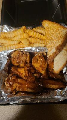 Honey BBQ wings and fries