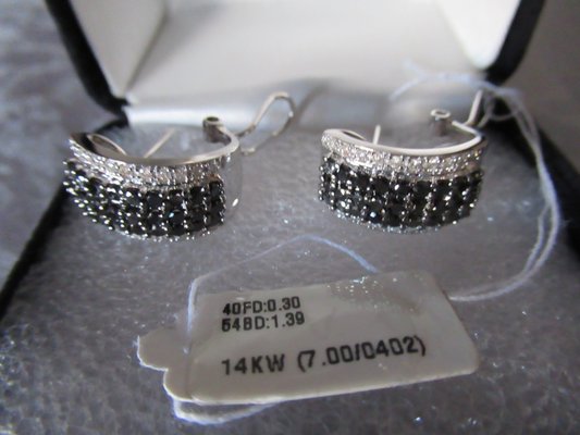 14k White Gold Omega Hoop Earrings with Black & White Diamonds