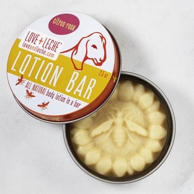 Love+Leche's moisturizing, all-natural lotion bar with local beeswax,  organic calendula, almond and coconut oils and pure essential oils.