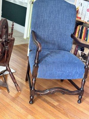 My daughter selected the fabric to fit in with the rest of her room. Ray completely stripped the chair and rebuilt it from the ground up..