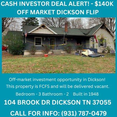 104 Brook Dr Dickson, TN, 37055

Off-market investment opportunity in Dickson! This property is FCFS and will be delivered vacant.