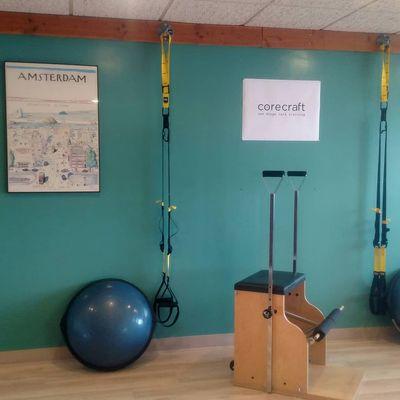 Core training including Pilates Reformer, TRX, foam roller