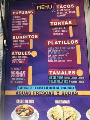 Menu with a variety of items