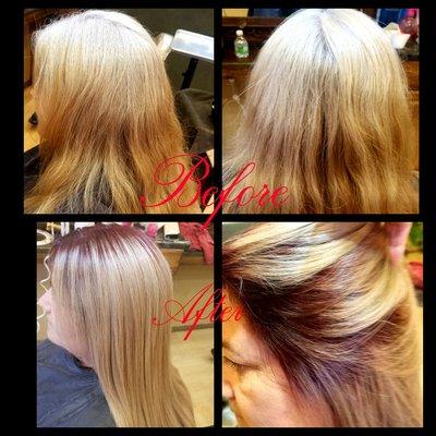 Blonde and burgandy roots done by Rocio