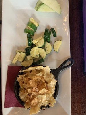 Irish cheddar Mac n cheese with crumbled chips on top....side of apple slices and vegetable of the day (today it was zucchini)