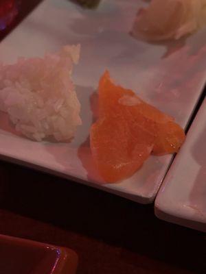 Salmon nigiri. Took one bite and spit it out and found a shell in my mouth.