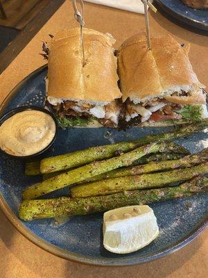 Grouper sandwich asparagus