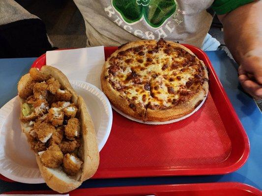 Chicken finger sub and small pizza. Yum!