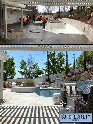 Elegant poolside retreat featuring custom pool coping and a stone retaining wall for a luxurious backyard oasis.