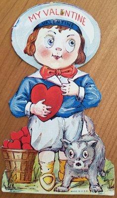 Antique Valentine Card googly eyed Girl w/ Cat Easel Die Cut Litho 20's or 30's vintage Large card 6.5",easel back, mechanical eyes