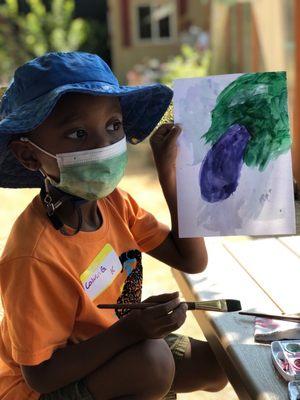 One of my son's first paintings of an eggplant from the Tarzana Community Garden when he takes class.