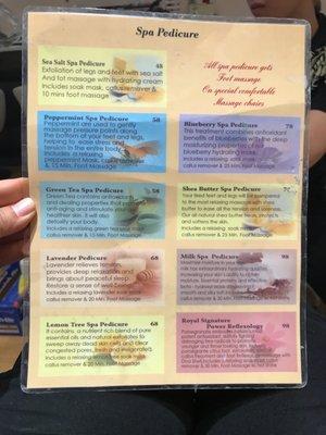 Spa Pedicure Menu