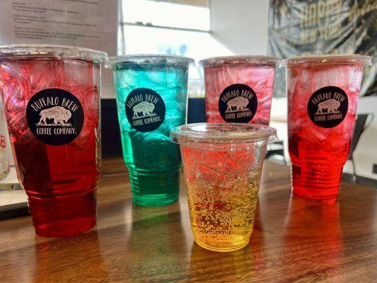 Left to Right: Prickly Pink, Sour Gummy, watermelon Sugar x2 and kids Italian pineapple mango soda