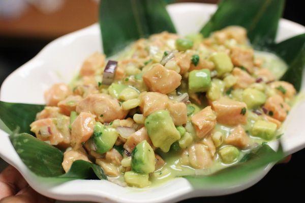 Salmon Ceviche with fresh Salmon, yuzu juice, lime, avocado, cilantro