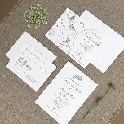 Italian themed custom letterpress wedding invitations.