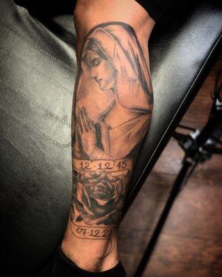 Black and grey Virgin Mary tattoo done by prime here at Prime Tattoos!!!