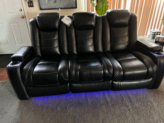 Leather power sofa with LED lights