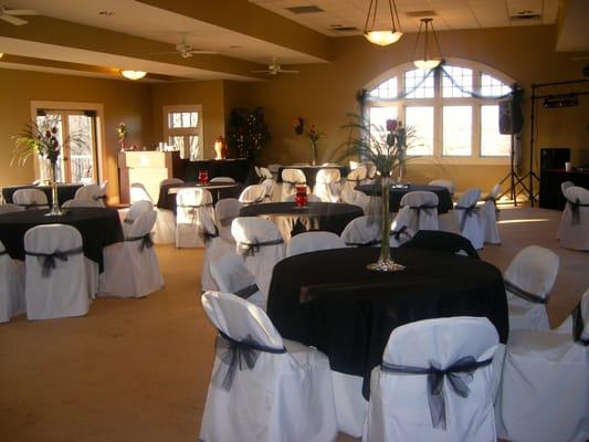 Our Banquet Hall set up for a Wedding Reception, including bar and DJ.