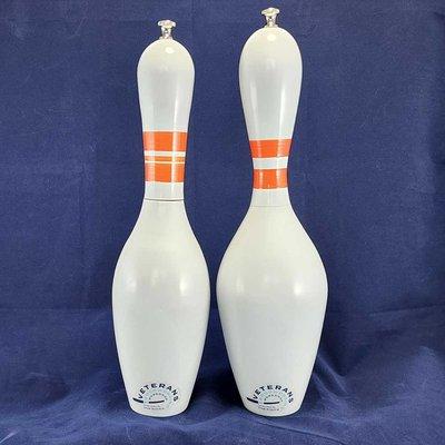 Salt and pepper mills made from bowling pins.