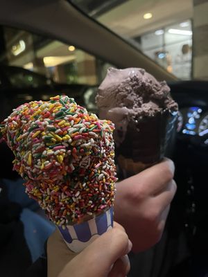 One medium chocolate covered in sprinkles and one medium raspberry in chocolate dipped cones.