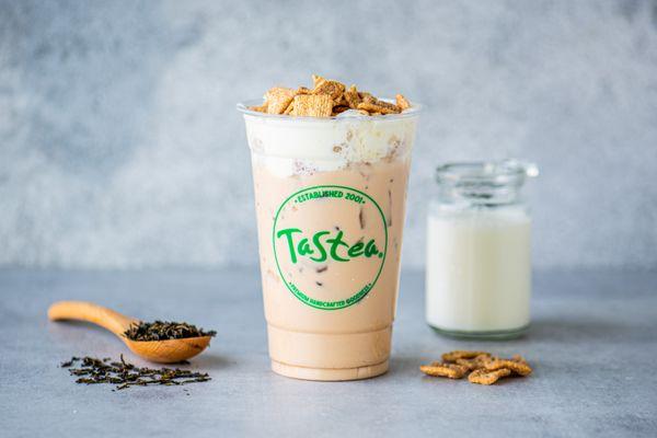 Horchata Milk Tea: Horchata flavored milk tea with sea foam and crushed cinnamon cereal