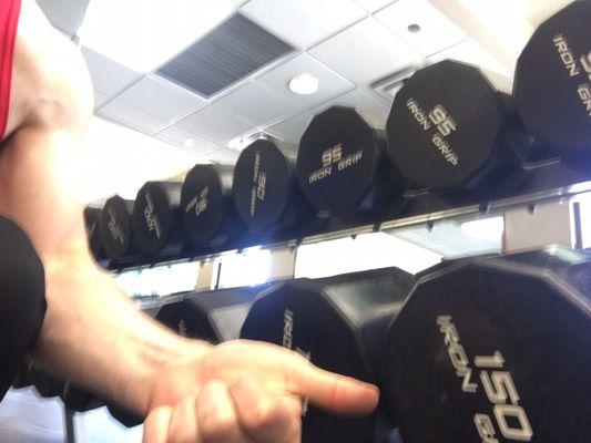 This may be a hospital gym but the dumbbells are legit and go all the way to 150 lbs. Most commercial gyms top out at 100 lbs.