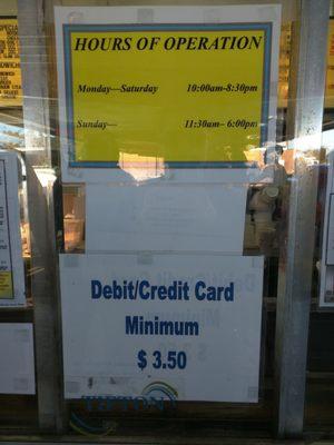 Hours and credit card policy