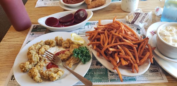 Fried oysters, fish chowder, sweet potato fries and pickled beets......all delicious.