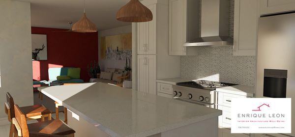 Welcome to our cozy kitchen!  White cabinets and light countertops make the space feel bright and inviting, even in a small area.