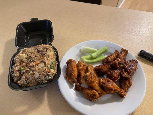 House Fried Rice and 12 piece bone in wings with "honey hot" and "honey bbq" sauces. Yummy!!