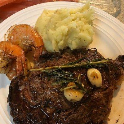 Garlic Butter Steak  Butter Mash Sauteed Shrimp